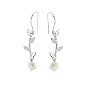 925 SS Olive Leaf w Pearl Drop Earrings