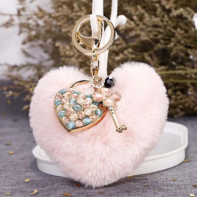 Fluffy Heart Keyring-Pink