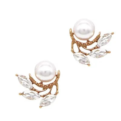 Crystal Studs - Leaf w CZ Pearl - Clear