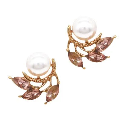 Crystal Studs - Leaf w CZ Pearl - Vintage Rose