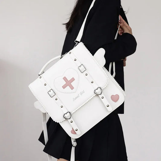 White Flap Backpack with Hearts & Cross