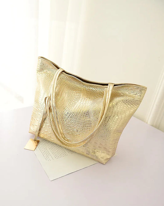 Gold Crocodile Print Tote Bag