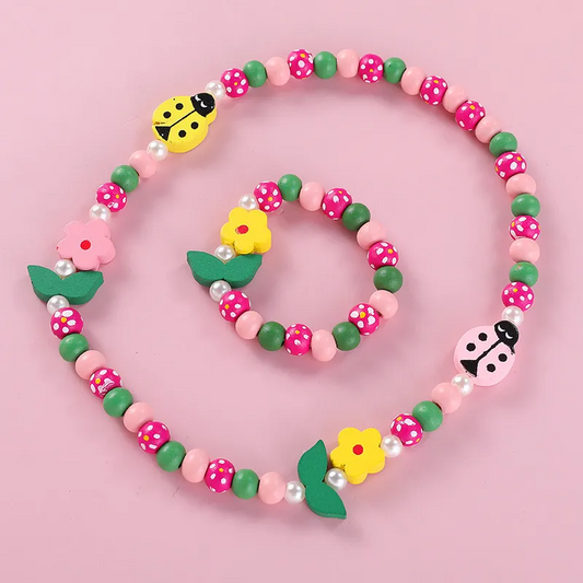 Floral & Ladybird Bead Bracelet & Necklace Set