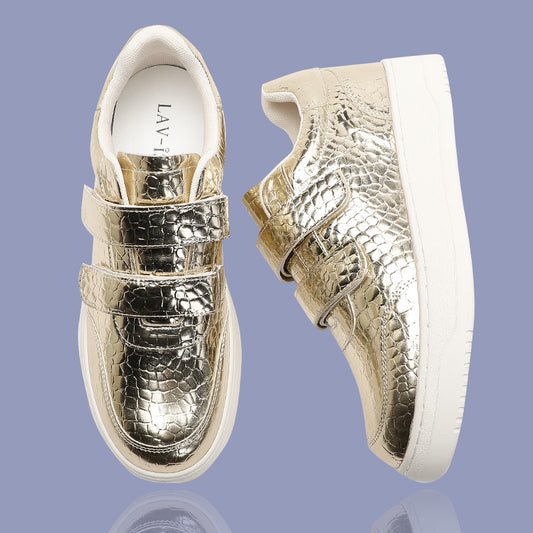 Croc Print Sneakers - Gold